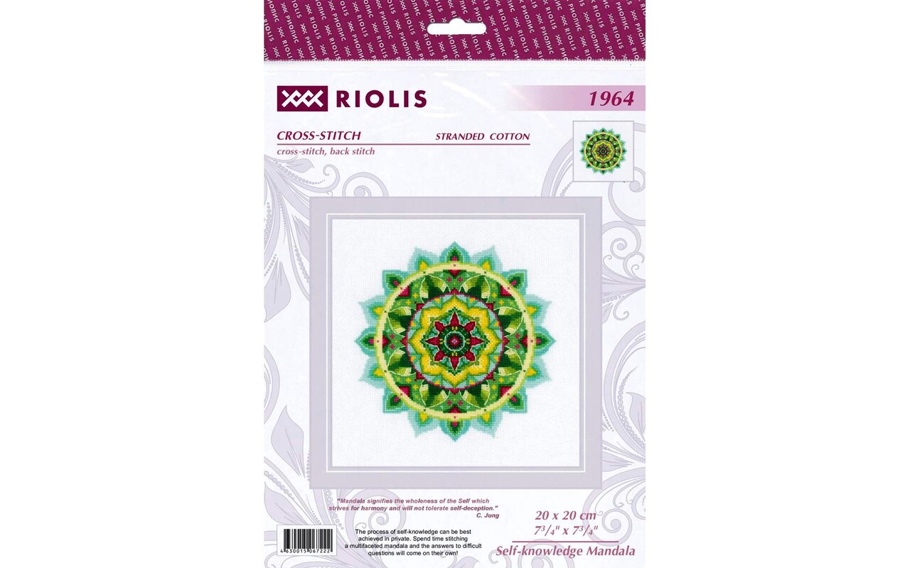 Riolis Cross Stitch Kit Self-Knowledge Mandala, 7 3/4" x 7 3/4" (20 x 20 cm), stranded cotton, cross-stitch, half cross-stitch, back stitch and combined colors, included all supplies